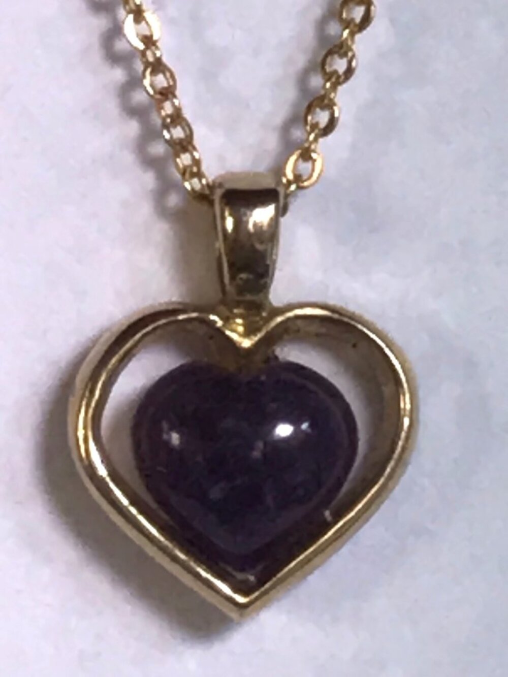 Gold Tone Puffy Amethyst Stone Heart Pendant Chain Necklace Purple